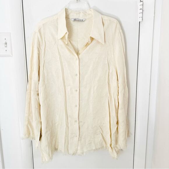 Zara Women’s Paisley Jacquard Button-Up Blouse Shirt Beige Cream Fringe Boho XL - Picture 12 of 12